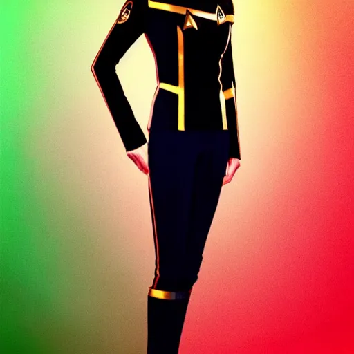 Image similar to a full body photograph of 3 0 year old eva green as a star fleet officer from star trek next generation, ultra rendered, extreme realism and detail, 8 k, highly detailed, realistic, completely framed, hyper realistic, colorful, direct lighting, 3 5 mm photo, photorealistic, sharp focus