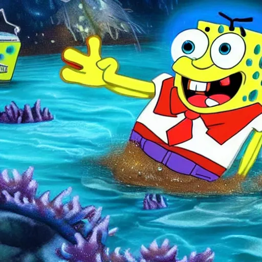 Image similar to found footage of Spongebob in Subnautica, creepy, haunted gaming