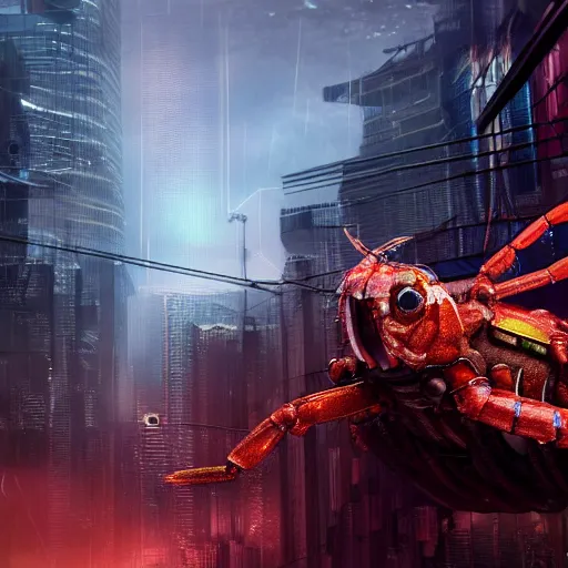 Prompt: a giant terrifying cyber shrimp destroying a dystopian city, cyberpunk, dystopian, god, evil, villain, sharp focus, dynamic lights, still, photograph, hyper realistic, masterpiece, octane render, rendered, 3 d, cinematic, cinematic lighting, dramatic lighting, highly detailed, intricate details, texture, cinematic composition, by donglu yu and kevin jick and eddie del rio