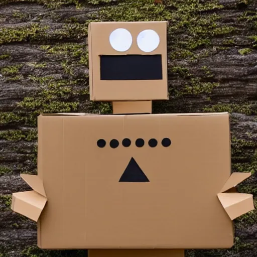 Image similar to robot made of a cardboard box, crayon face, walking through the forest