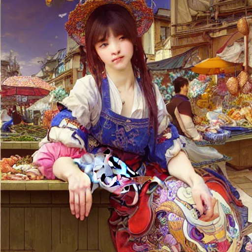 Prompt: a masterpiece ultrarealistic ultradetailed portrait of beautiful love fishmonger girl on street market baroque renaissance. medium shot, intricate, elegant, by stanley artgerm lau, wlop, alphonse mucha, rossdraws, andrei riabovitchev, yoshitaka amano. flower background my james jeand and takashi murakami.