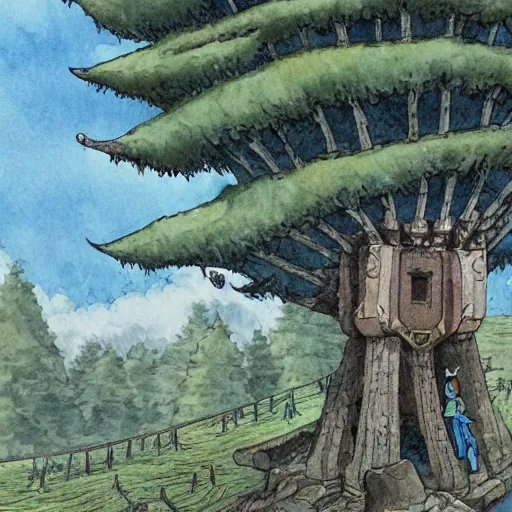 Image similar to laputa castle in the sky robot hayao miyazaki stands in a small clearing among trees, watercolor illustration for a book