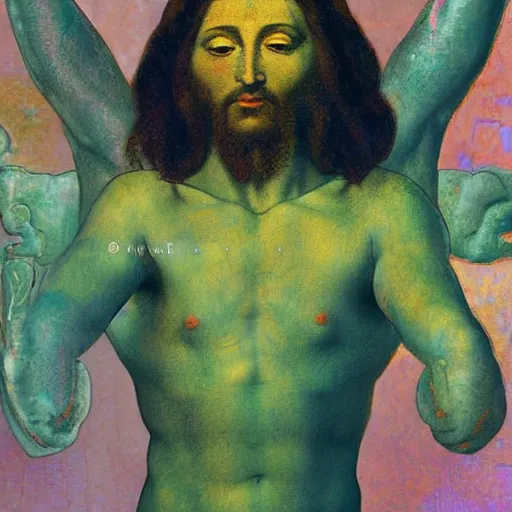 Prompt: a portrait of Jesus floating full figure underwater, gold fish, green creepers, cross,light from above. in the style of Michelangelo, and Paul Gauguin, with cyberpunk liberty and flemish baroque mixed media details. vibrant vivid 3d textures in natural pastel tones. HD 8x