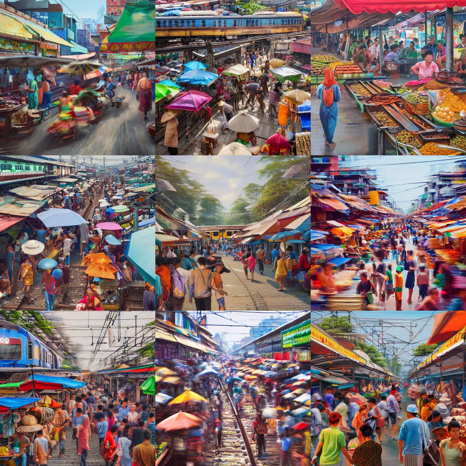 Prompt: focusing on a train approaching on train tracks through a busy street market, maeklong railway market, market stalls, a hyperrealistic painting by ryan yee, shutterstock contest winner, magical realism, cluttered, behance hd, photorealistic