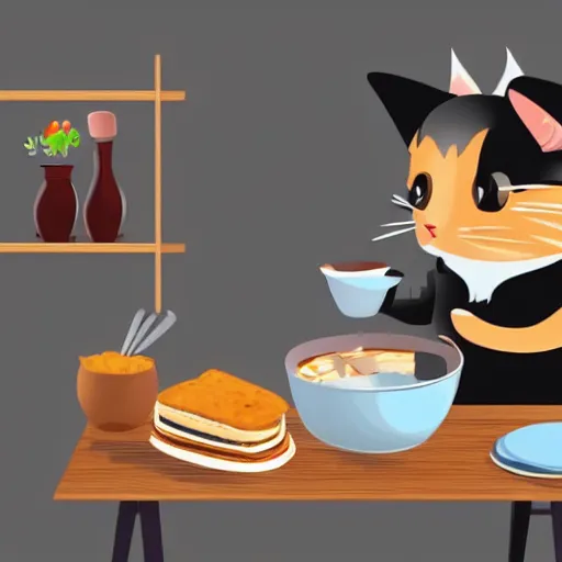 Image similar to a cute cat cooking a breakfast, sketch, high quality