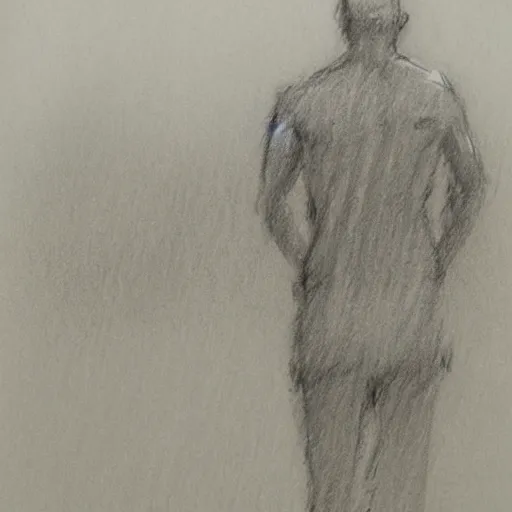 Image similar to a drawn man standing in the rain. pencil sketch.