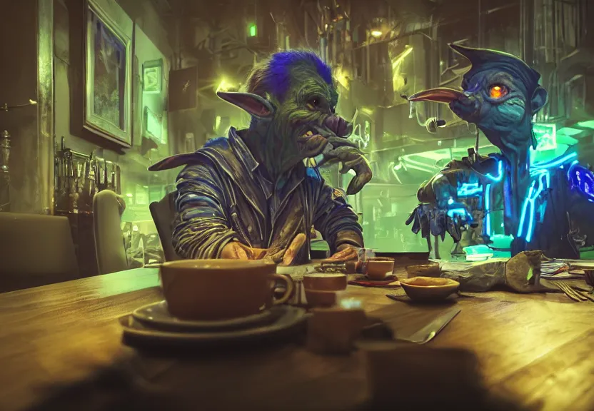 Prompt: a bored male goblin punk sitting at a table in a cafe in a cyberpunk city, close up shot, sharp focus, shallow depth of field, highly detailed face, 8k, unreal engine 5, cinematic lighting, vivid elegant fantasy concept art, character art, stern blue neon atmosphere, artstation, deep complimentary colors, volumetric lighting, photorealistic, hyperdetailed 3D matte painting, hyperrealism, hyperrealistic masterpiece