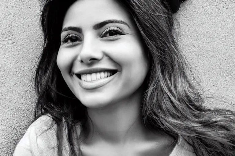 Image similar to still photo of a beautiful mexican woman smiling at the camera on the street, black and white color aesthetic, highly detailed, photorealistic portrait, bright studio setting, studio lighting, crisp quality and light reflections, unreal engine 5 quality render