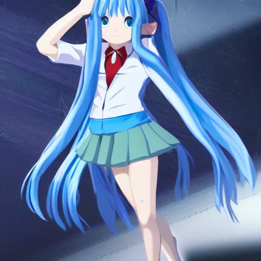 Image similar to a girl with long blue hair wearing a school uniform, computer graphics by Miyazaki, featured on pixiv, holography, official art, full body, 3d