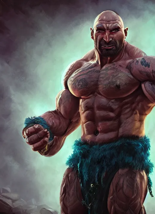 Image similar to A fantasy comic book style portrait painting of Dave Bautista as a half-orc, unreal 5, DAZ, hyperrealistic, octane render, RPG portrait, dynamic lighting