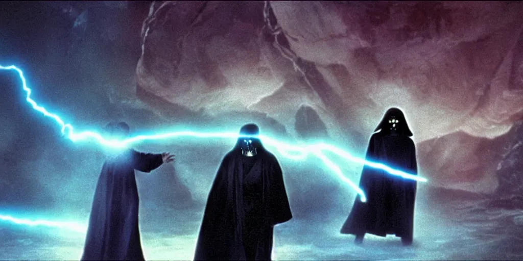 Image similar to screenshot of a dark sith lord in a robe with electricity fighting Luke Skywalker, on a planet of maelstrom,, chaos, the world without form and void, 1970s film by Stanley Kubrick, iconic scene, stunning cinematography, hyper detailed, sharp, anamorphic lenses, kodak color, 4k, stunning