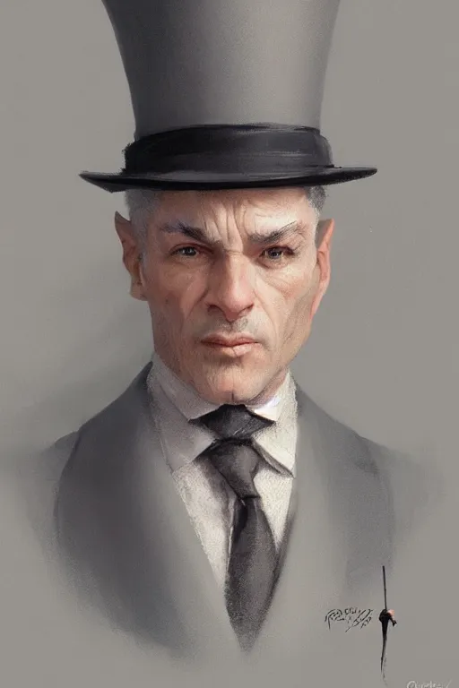 Prompt: a grey hair halfling with no beard top hat and suit by Greg Rutkowski, painting, portrait, high details, trending on artstation