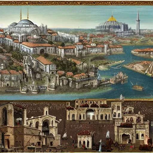 Prompt: A detailed matte painting of Constantinople is the 15th century, trending on artstation