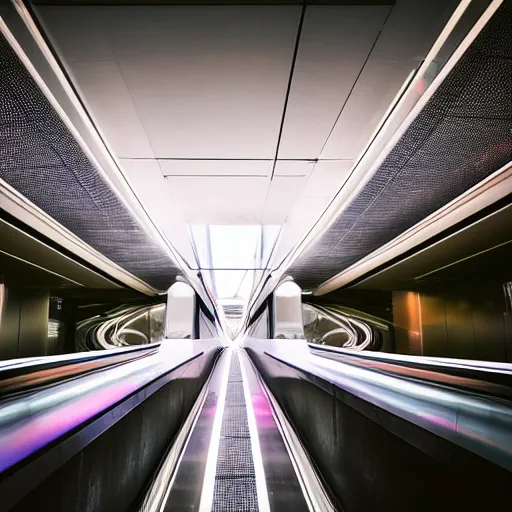 Image similar to approaching futuristic escalator inside white back glossy lit tube with streaming beams of light, building anticipation, scintillating, dichroic, movement, pastel gradients, 8 k, highly detailed, professional photograph, epic composition, modern details