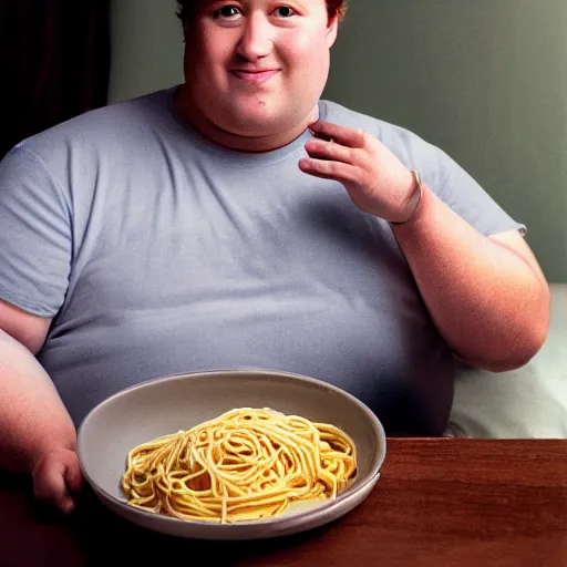 Image similar to fat mark zuckerberg sitting in bed eating spaghetti