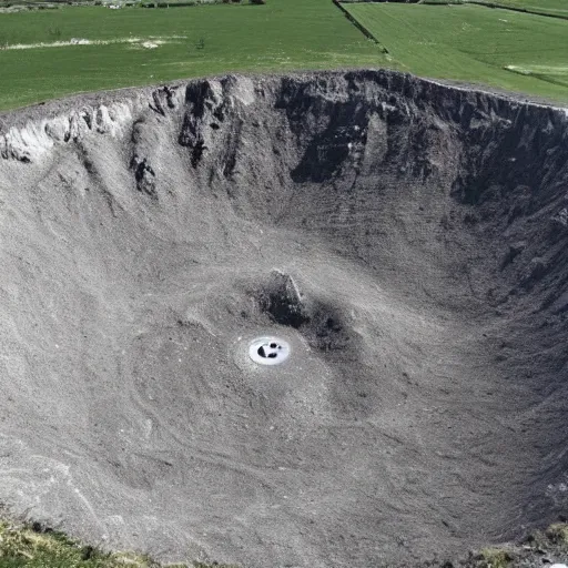 Prompt: 3 0 ft crater caused by robot exploding