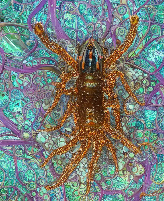 Image similar to intricate ornate opulent transparent clear see - through portrait of a playful beautiful starfish mollusk beetle, fractal, adorable, childlike, overgrown biopunk jungle environment, ultra realistic, concept art, art nouveau, photorealistic, octane render, 8 k, unreal engine. art by christopher marley and artgerm and greg rutkowski and alphonse mucha