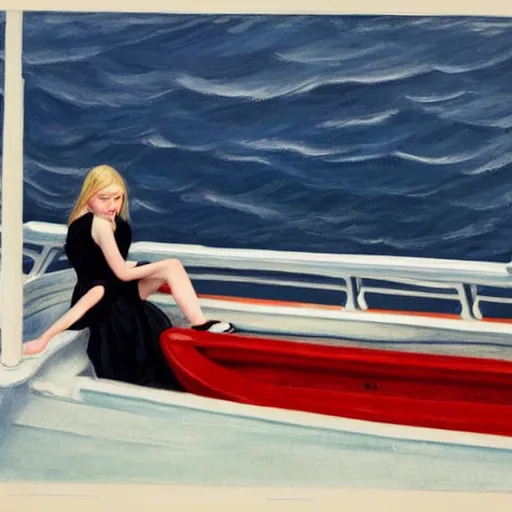 Image similar to Elle Fanning on a boat during a storm, by Edward Hopper, Extremely detailed. 8K. Award winning.