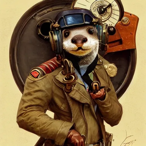 Prompt: anthropomorphic otter steampunk aviator pilot. Renowned character illustration by greg rutkowski, thomas kindkade, alphonse mucha, loish, norman rockwell. Trending on artstation. Digital Art. S 199631503