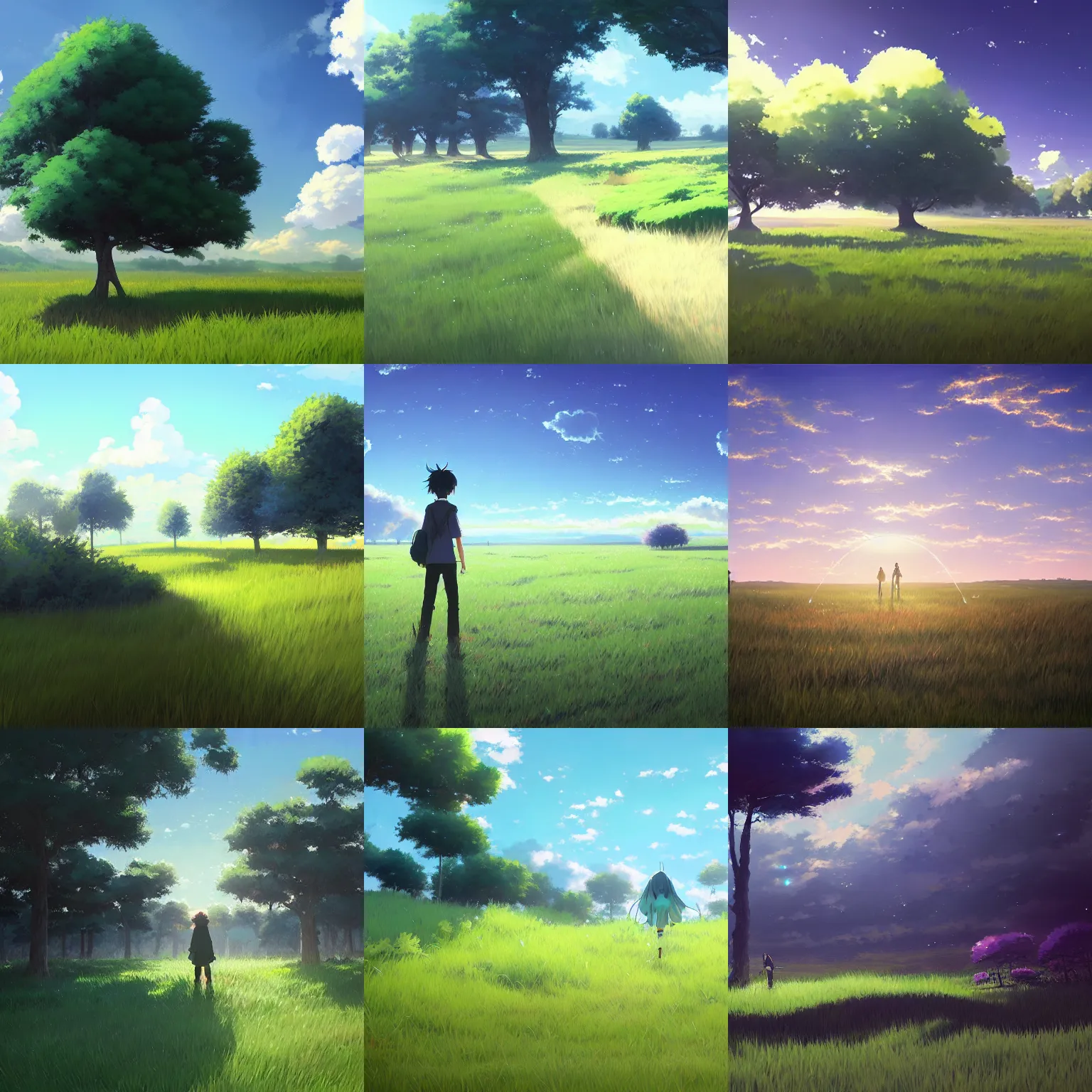 Prompt: An array of dimensional portals on a grassy plain, painting by Makoto Shinkai