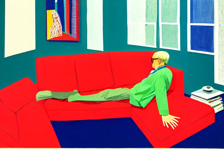 Prompt: Couch Surfing by David Hockney, Andy Shaw, Edward Hopper, 1968, exhibition catalog