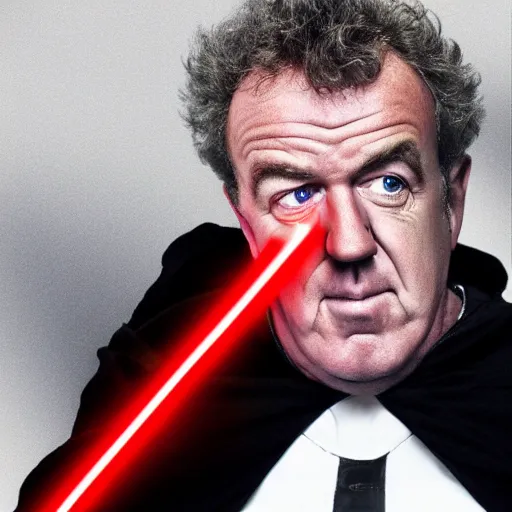 Image similar to “Jeremy Clarkson as a Sith Lord holding a red lightsaber, cinematic, 4k”