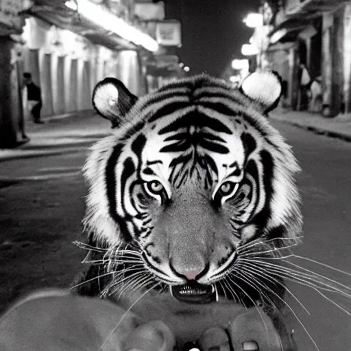 Prompt: retro photograph of a tiger smoking a joint in the streets of Dhaka at night, Kodak film photo