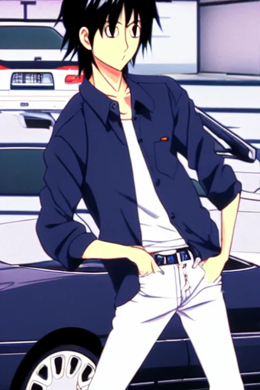 Image similar to very serious ryosuke takahashi with black hair wearing a dark blue shirt and white pants eating a cheeseburger stands leaning on his white mazda rx 7, initial d anime screenshot, initial d anime 1 0 8 0 p, detailed anime face, high detail, 9 0 s anime aesthetic