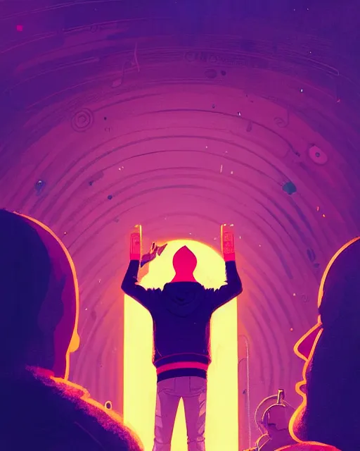 Image similar to tomorrowland, hyper - realistic portrait of a man in a hoodie, on the stage of a music festival, intricate, 4 k, by atey ghailan, by greg rutkowski, by greg tocchini, by james gilleard, by joe fenton, by kaethe butcher, dynamic lighting, lighting color scheme, sharp focus, grunge aesthetic