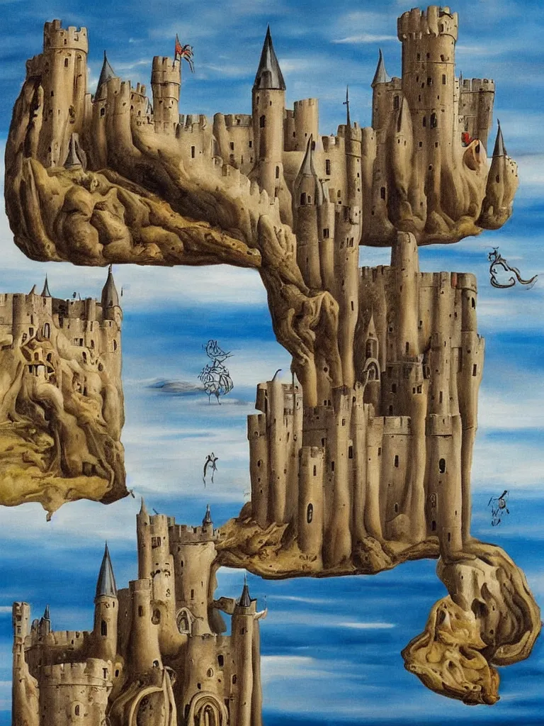 Image similar to a painting of a medieval castle alone on a flat empty plane painted in the style of Salvador Dali, surrealism