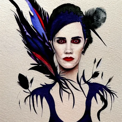 Image similar to detailed colorful watercolor of jennifer connelly as odile the black swan, disney villain, black feathers instead of hair, black feathers growing out of skin, shapeshifting, black feathers growing out of face, floating in zero gravity on spacecraft, science fiction, highly detailed, david mack, trending on artstation