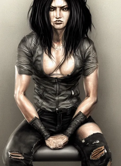Prompt: an upset woman with black hair and a leather jacket and a grey shirt, sitting on a chair in a run down hotel room, muscular upper body, abs, gritty, intricate, elegant, highly detailed, digital painting, artstation, smooth, sharp focus, illustration, unreal engine 5, face enhance, masterpiece