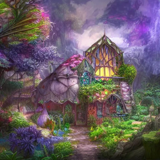 Prompt: a plant house in a fantasy landscape, artstation trend, hdr, fantasy art, vivid colors, alice in wonderland style