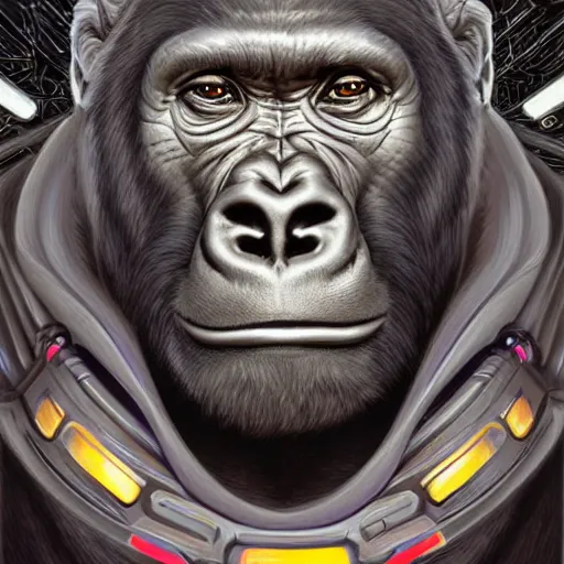 Prompt: detailed science - fiction character portrait of a silverback gorilla wearing a omnicolored space suit, intricate, wild, highly detailed, digital painting, artstation, concept art, smooth, sharp focus, illustration, art by artgerm and greg rutkowski and alphonse mucha