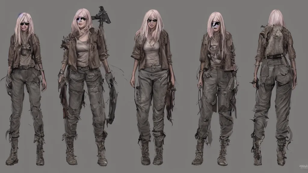 Prompt: character sheet for a light pink long haired beautiful realistic female for futuristic baggy dark grey jacket oakley glasses military boots dystopian mad max like fashion brand demobaza on an alien planet with an australian cattle dog, impact by craig mullins, by studio ghibli, digital art, trending on artstation, hd, 8 k, highly detailed, good lighting, beautiful, masterpiece