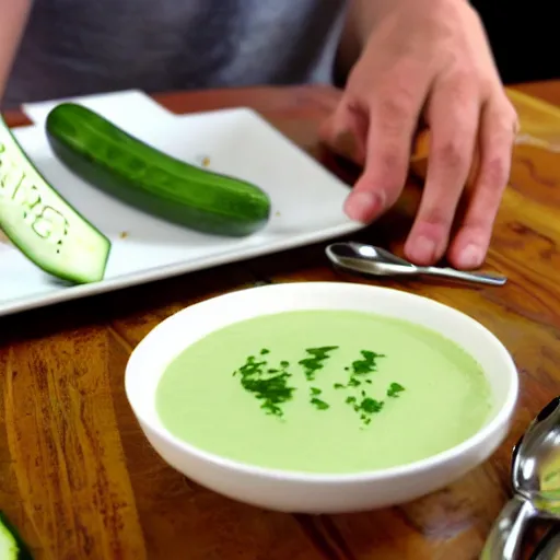 Prompt: JD dining on a bowl of cucumber soup, with a fake Arby's sauce packet in hand, highly detailed