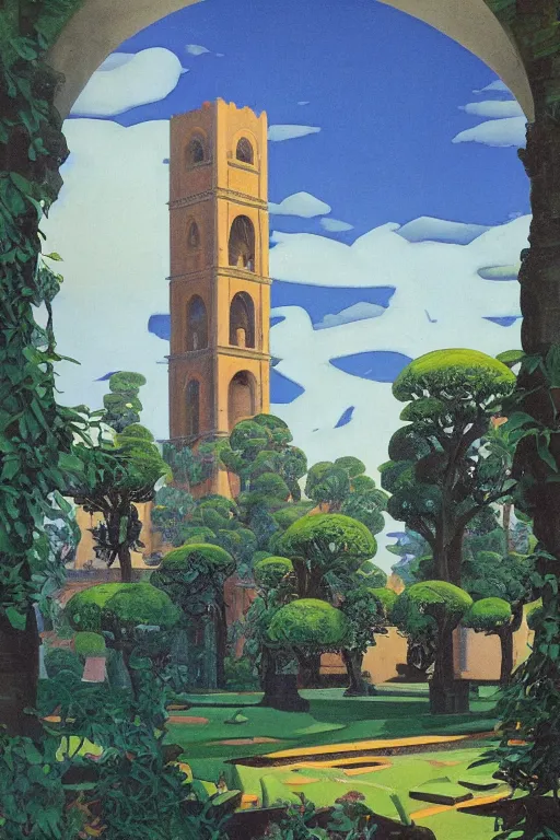 Image similar to view of the ancient blue tower in its gardens after a storm, tall windows, beautiful moorish ornament, dramatic cinematic lighting, rich colors, golden age illustration, by Sylvain Sarrailh and Nicholas Roerich and Ludwig Deutsch and April Gornik