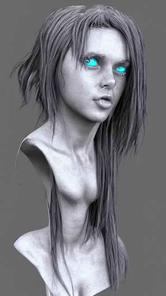 Image similar to beautiful girl bust with pony hair,cyberpunk,realistic,cinematic,3d,night lighting