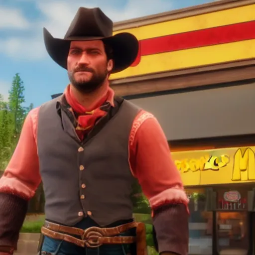 Image similar to arthur morgan as a cashier at mcdonalds