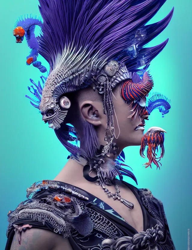 Image similar to 3 d goddess close - up profile portrait punk with mohawk with ram skull. beautiful intricately detailed japanese crow kitsune mask and clasical japanese kimono. betta fish, jellyfish phoenix, bio luminescent, plasma, ice, water, wind, creature, artwork by tooth wu and wlop and beeple and greg rutkowski