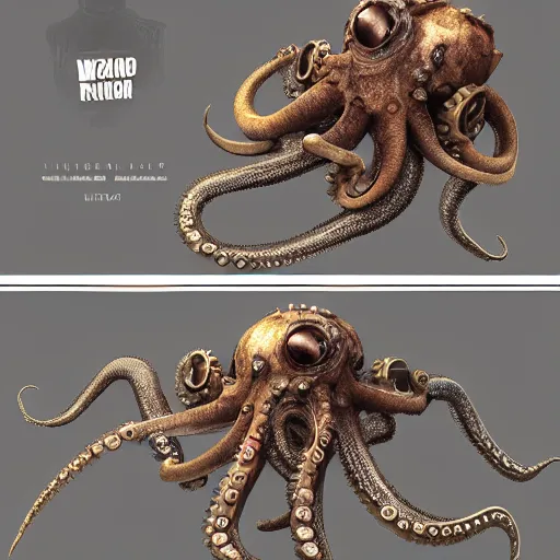 Image similar to underwater biopunk steampunk octopus, hyper detailed, digital art, trending in artstation, cinematic lighting, studio quality, smooth render, unreal engine 5 rendered, octane rendered, art style by klimt and nixeu and ian sprigger and wlop and krenz cushart.