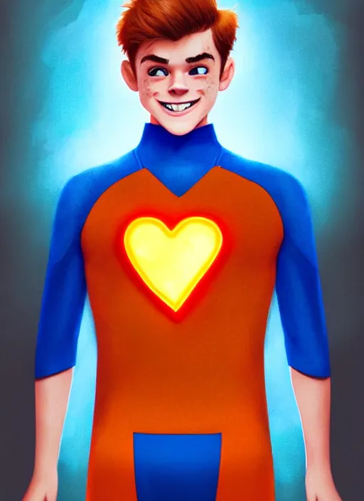 Image similar to friendly teenage archie andrews wearing an orange superhero costume with heart logo, heart, freckles, blue cape, heart emblem on chest, blue cape, intricate, elegant, glowing lights, highly detailed, digital painting, artstation, sharp focus, illustration, art by wlop, mars ravelo and greg rutkowski