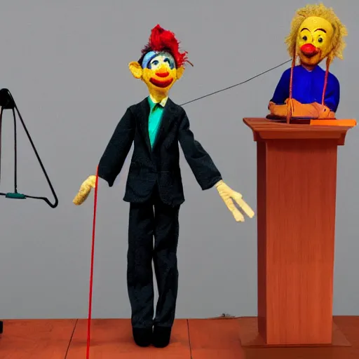 Image similar to puppet show of a string marionette of a president with clown makeup in a podium