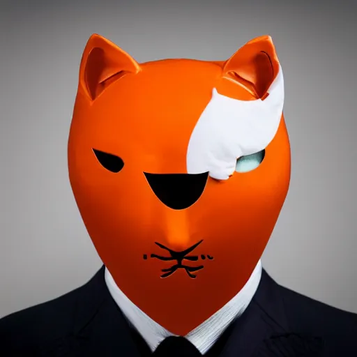 Image similar to high quality picture of a man in a suit wearing a latex mask of a sly looking orange/white tabby cat on a dark bg, lit from below by James Jean, natural lighting