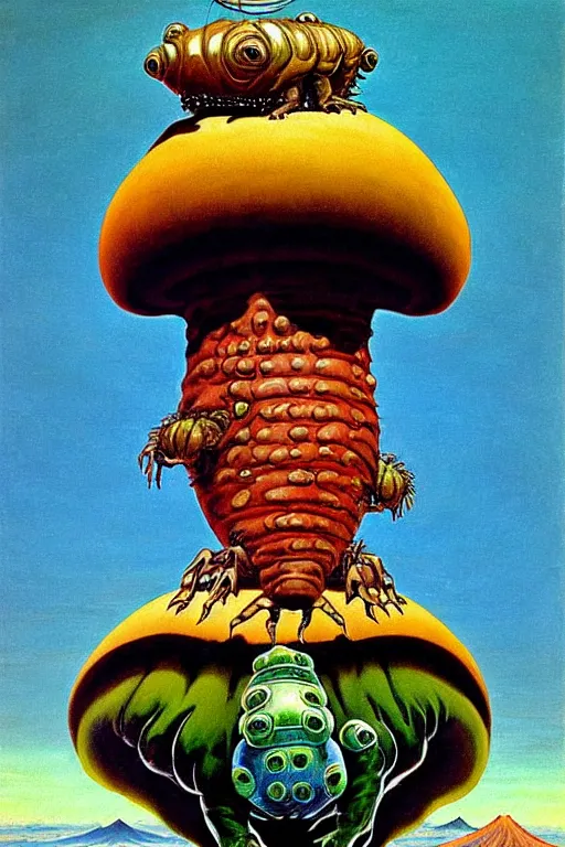 Prompt: a queen on top of a giant tardigrade retro japanese monster slimy leather, oil painting, 7 0 s vintage art, by georgia o keeffe, by gustave dore, by frank frazetta, nausicaa
