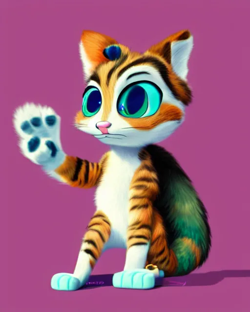 Image similar to digital painting, full body of anthropomorphic furry female calico cat in style of zootopia, female fursona, furry furaffinity, 4 k