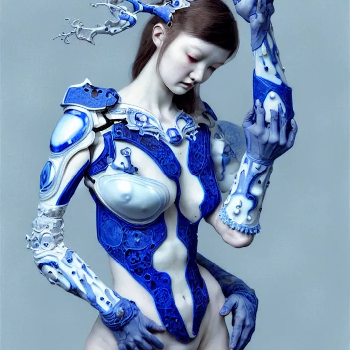 Image similar to porcelain cyborg, Chinese Blue and white porcelain exoskeleton 14th century, diffuse lighting, fantasy, intricate, elegant, highly detailed, lifelike, photorealistic, digital painting, artstation, illustration, concept art, smooth, sharp focus, art by John Collier and Albert Aublet and Krenz Cushart and Artem Demura and Alphonse Mucha