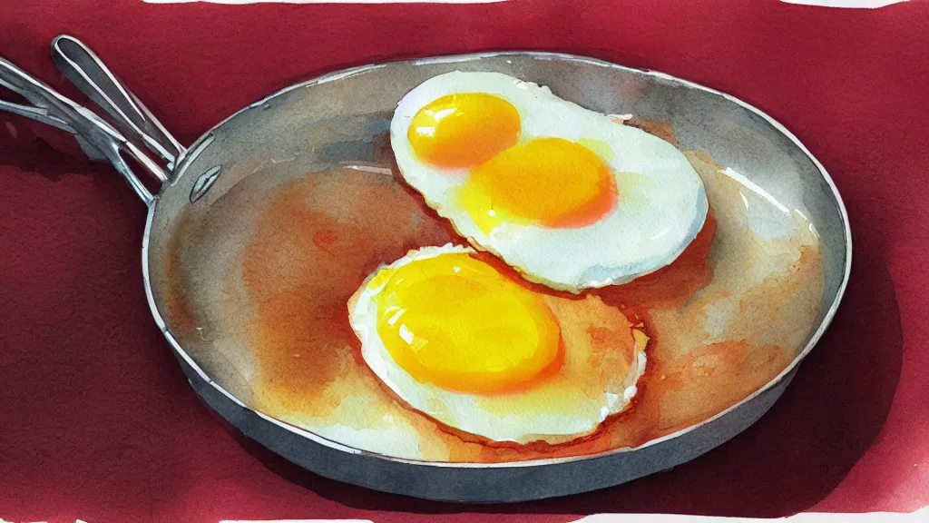 Prompt: fried egg on a pan, kseniia yeromenko, rob duenas, watercolor, illustration, red background, highly detailed