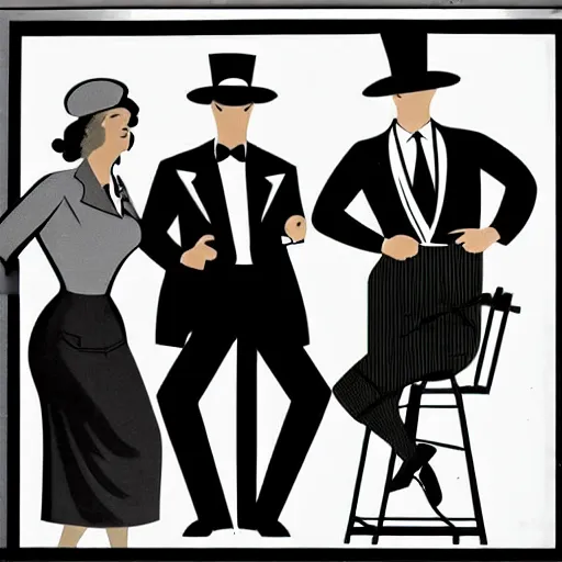 Prompt: business people standing at the bar in 1 9 4 0, top hats, business suits, beer, art deco style, simple shapes