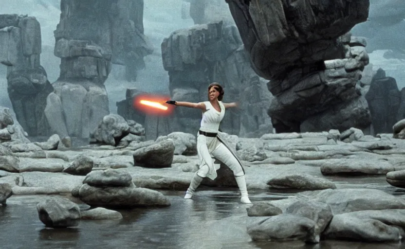 Prompt: screenshot of Princess Leia lifting floating rocks outside a Jedi Temple scene from The Force Awakens, 1970s film by Stanley Kubrick, serene, iconic scene, stunning cinematography, hyper-detailed, sharp, anamorphic lenses, kodak color film, 4k